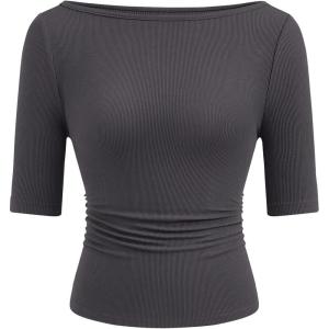 image:imagePRETTYGARDEN Womens Summer Short Sleeve Tops Boat Neck Ribbed Knit Slim Fit T Shirt Casual Basic Top 2026 Spring ClothesDark Grey