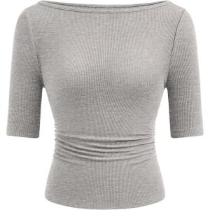 image:imagePRETTYGARDEN Womens Summer Short Sleeve Tops Boat Neck Ribbed Knit Slim Fit T Shirt Casual Basic Top 2026 Spring ClothesGrey