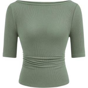 image:imagePRETTYGARDEN Womens Summer Short Sleeve Tops Boat Neck Ribbed Knit Slim Fit T Shirt Casual Basic Top 2026 Spring ClothesGrey Green