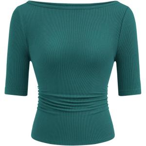 image:imagePRETTYGARDEN Womens Summer Short Sleeve Tops Boat Neck Ribbed Knit Slim Fit T Shirt Casual Basic Top 2026 Spring ClothesLake Blue