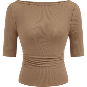image:imagePRETTYGARDEN Womens Summer Short Sleeve Tops Boat Neck Ribbed Knit Slim Fit T Shirt Casual Basic Top 2026 Spring ClothesLight Khaki