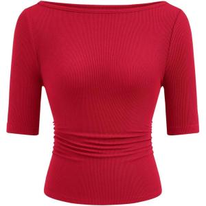 image:imagePRETTYGARDEN Womens Summer Short Sleeve Tops Boat Neck Ribbed Knit Slim Fit T Shirt Casual Basic Top 2026 Spring ClothesRed