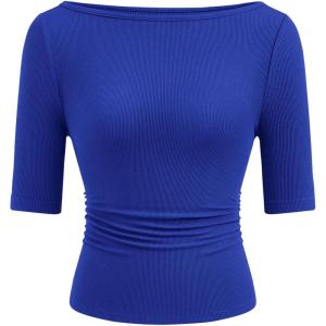 image:imagePRETTYGARDEN Womens Summer Short Sleeve Tops Boat Neck Ribbed Knit Slim Fit T Shirt Casual Basic Top 2026 Spring ClothesRoyal Blue