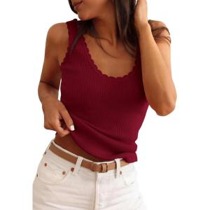 image:imagePRETTYGARDEN Womens Summer Sleeveless Tank Tops 2026 V Neck Ruffle Lightweight Ribbed Knit Shirt Casual Going Out TopWine Red