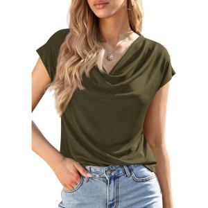 image:imagePRETTYGARDEN Womens Tops Dressy Casual Clothing 2026 Summer Cowl Neck Short Sleeve Blouses Spring Business Work Office ShirtsArmy Green