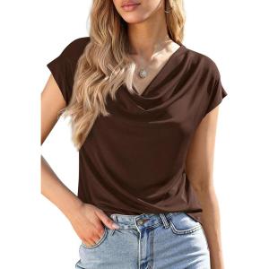 image:imagePRETTYGARDEN Womens Tops Dressy Casual Clothing 2026 Summer Cowl Neck Short Sleeve Blouses Spring Business Work Office ShirtsBrown