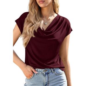 image:imagePRETTYGARDEN Womens Tops Dressy Casual Clothing 2026 Summer Cowl Neck Short Sleeve Blouses Spring Business Work Office ShirtsBurgundy