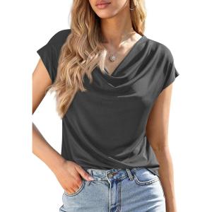 image:imagePRETTYGARDEN Womens Tops Dressy Casual Clothing 2026 Summer Cowl Neck Short Sleeve Blouses Spring Business Work Office ShirtsDark Grey