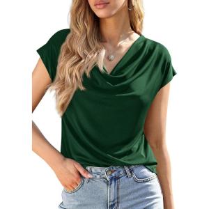 image:imagePRETTYGARDEN Womens Tops Dressy Casual Clothing 2026 Summer Cowl Neck Short Sleeve Blouses Spring Business Work Office ShirtsGreen