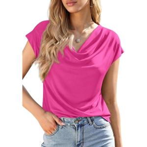 image:imagePRETTYGARDEN Womens Tops Dressy Casual Clothing 2026 Summer Cowl Neck Short Sleeve Blouses Spring Business Work Office ShirtsHot Pink