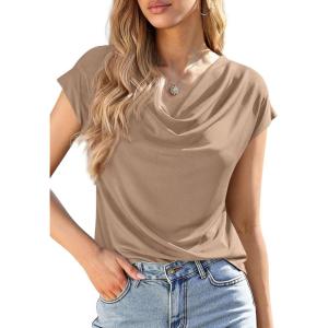 image:imagePRETTYGARDEN Womens Tops Dressy Casual Clothing 2026 Summer Cowl Neck Short Sleeve Blouses Spring Business Work Office ShirtsKhaki