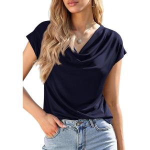 image:imagePRETTYGARDEN Womens Tops Dressy Casual Clothing 2026 Summer Cowl Neck Short Sleeve Blouses Spring Business Work Office ShirtsNavy Blue