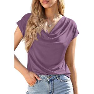 image:imagePRETTYGARDEN Womens Tops Dressy Casual Clothing 2026 Summer Cowl Neck Short Sleeve Blouses Spring Business Work Office ShirtsPurple