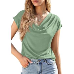 image:imagePRETTYGARDEN Womens Tops Dressy Casual Clothing 2026 Summer Cowl Neck Short Sleeve Blouses Spring Business Work Office ShirtsSage Green