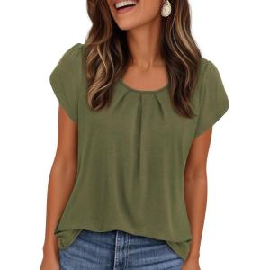 image:imagePRETTYGARDEN Womens Tops Dressy Casual Summer 2026 Short Sleeve Blouses Crew Neck Pleated Basic T Shirts Spring ClothesArmy Green