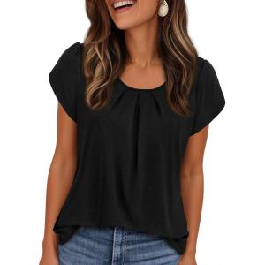 image:imagePRETTYGARDEN Womens Tops Dressy Casual Summer 2026 Short Sleeve Blouses Crew Neck Pleated Basic T Shirts Spring ClothesBlack