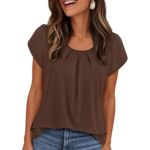 image:imagePRETTYGARDEN Womens Tops Dressy Casual Summer 2026 Short Sleeve Blouses Crew Neck Pleated Basic T Shirts Spring ClothesBrown