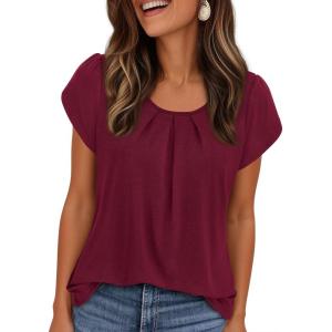image:imagePRETTYGARDEN Womens Tops Dressy Casual Summer 2026 Short Sleeve Blouses Crew Neck Pleated Basic T Shirts Spring ClothesBurgundy