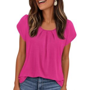image:imagePRETTYGARDEN Womens Tops Dressy Casual Summer 2026 Short Sleeve Blouses Crew Neck Pleated Basic T Shirts Spring ClothesHot Pink