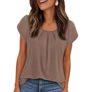 image:imagePRETTYGARDEN Womens Tops Dressy Casual Summer 2026 Short Sleeve Blouses Crew Neck Pleated Basic T Shirts Spring ClothesKhaki
