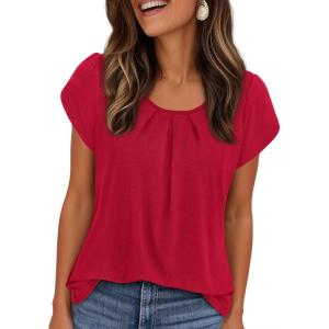 image:imagePRETTYGARDEN Womens Tops Dressy Casual Summer 2026 Short Sleeve Blouses Crew Neck Pleated Basic T Shirts Spring ClothesRed