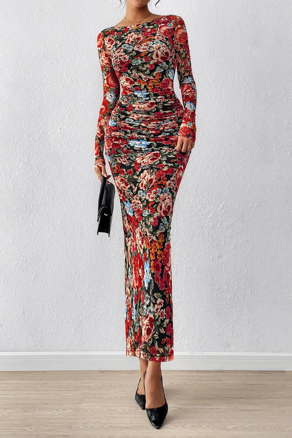 image:imagePRETTYGARDEN Womens Long Sleeve Bodycon Dresses 2026 Spring Sexy Floral Mesh Slit Ruched Tight Maxi Wedding Guest DressFloral Black Multicolored