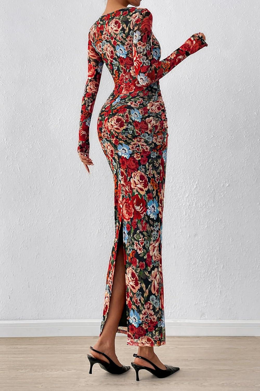 image:imagePRETTYGARDEN Womens Long Sleeve Bodycon Dresses 2026 Spring Sexy Floral Mesh Slit Ruched Tight Maxi Wedding Guest DressFloral Black Multicolored
