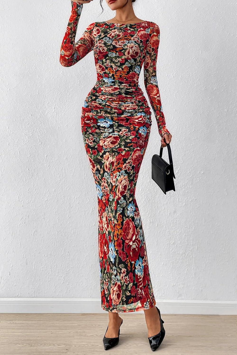 image:imagePRETTYGARDEN Womens Long Sleeve Bodycon Dresses 2026 Spring Sexy Floral Mesh Slit Ruched Tight Maxi Wedding Guest DressFloral Black Multicolored