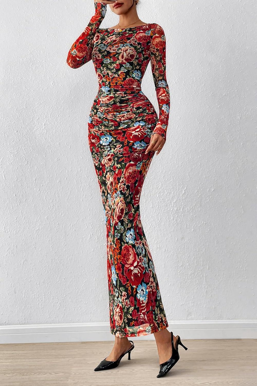 image:imagePRETTYGARDEN Womens Long Sleeve Bodycon Dresses 2026 Spring Sexy Floral Mesh Slit Ruched Tight Maxi Wedding Guest DressFloral Black Multicolored