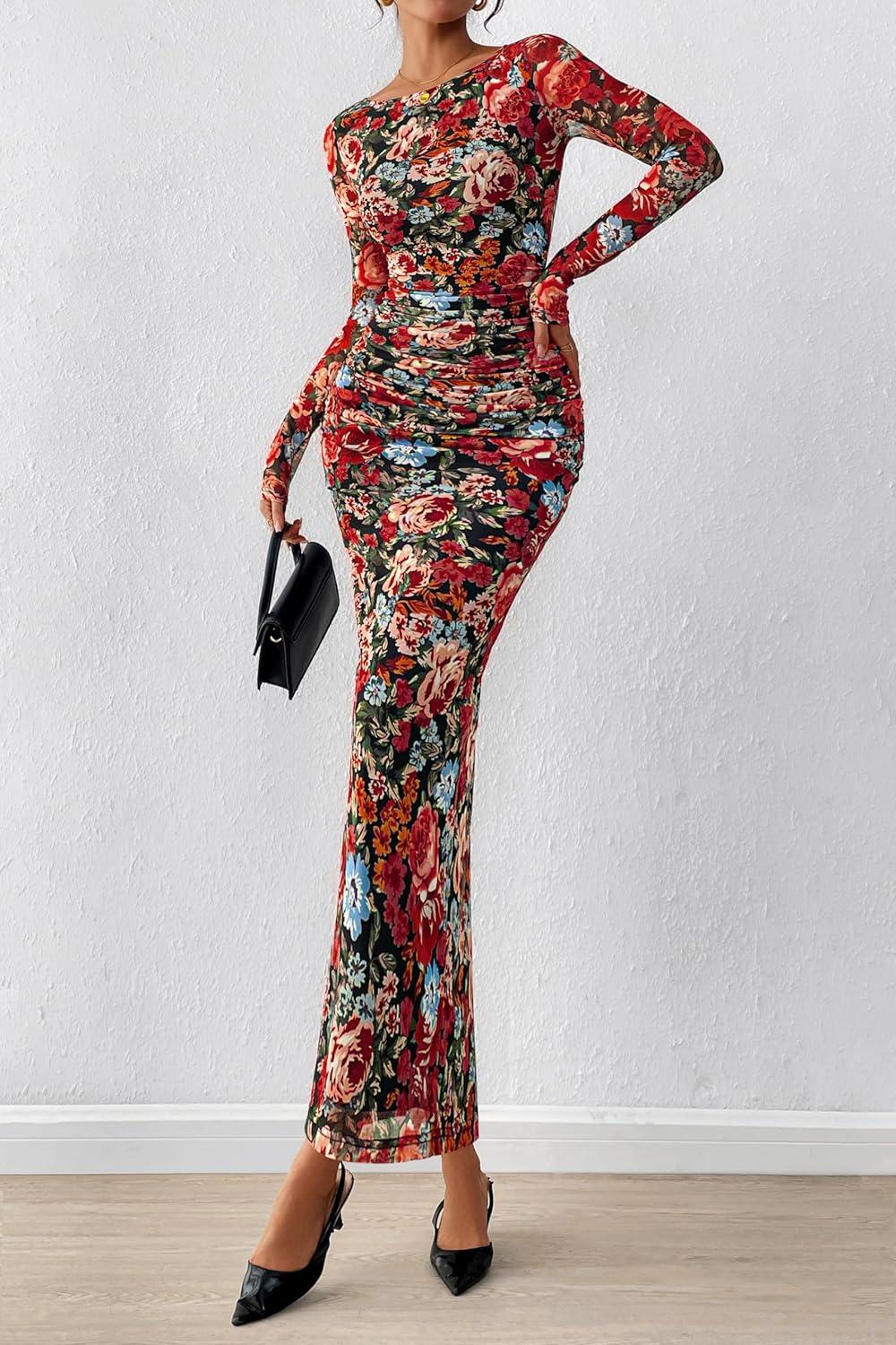image:imagePRETTYGARDEN Womens Long Sleeve Bodycon Dresses 2026 Spring Sexy Floral Mesh Slit Ruched Tight Maxi Wedding Guest DressFloral Black Multicolored