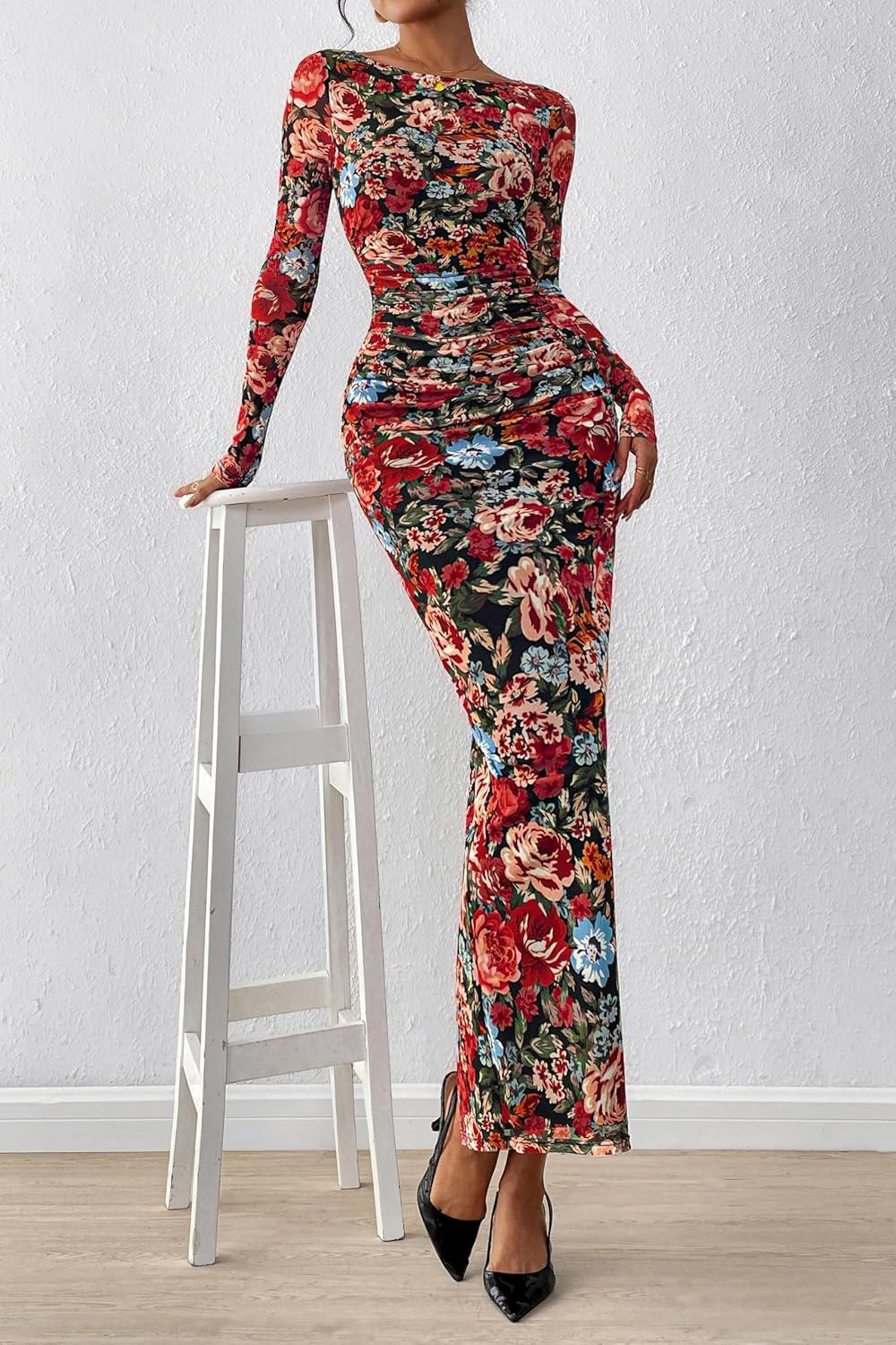 image:imagePRETTYGARDEN Womens Long Sleeve Bodycon Dresses 2026 Spring Sexy Floral Mesh Slit Ruched Tight Maxi Wedding Guest DressFloral Black Multicolored