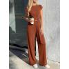 image:imagePRETTYGARDEN 2 Piece Lounge Sets For Women 2026 Summer Casual Outfits Cap Sleeve Belted Crop Tops Wide Palazzo Leg PantsRed Brown