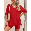 image:imagePRETTYGARDEN 2 Piece Sets for Women Summer 2026 Lounge Short Set Spring Matching Biker Shorts V Neck Oversized Shirt ClothingRed