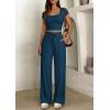 image:imagePRETTYGARDEN Womens 2 Piece Matching Lounge Sets Ribbed Short Sleeve Crop Tops Wide Leg Pants 2026 Summer Airport OutfitsDark Blue