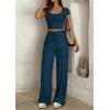 image:imagePRETTYGARDEN Womens 2 Piece Matching Lounge Sets Ribbed Short Sleeve Crop Tops Wide Leg Pants 2026 Summer Airport OutfitsDark Blue