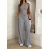 image:imagePRETTYGARDEN Womens 2 Piece Matching Lounge Sets Ribbed Short Sleeve Crop Tops Wide Leg Pants 2026 Summer Airport OutfitsGrey