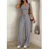 image:imagePRETTYGARDEN Womens 2 Piece Matching Lounge Sets Ribbed Short Sleeve Crop Tops Wide Leg Pants 2026 Summer Airport OutfitsGrey
