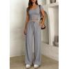 image:imagePRETTYGARDEN Womens 2 Piece Matching Lounge Sets Ribbed Short Sleeve Crop Tops Wide Leg Pants 2026 Summer Airport OutfitsGrey