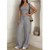 image:imagePRETTYGARDEN Womens 2 Piece Matching Lounge Sets Ribbed Short Sleeve Crop Tops Wide Leg Pants 2026 Summer Airport OutfitsGrey