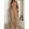 image:imagePRETTYGARDEN Womens 2 Piece Matching Lounge Sets Ribbed Short Sleeve Crop Tops Wide Leg Pants 2026 Summer Airport OutfitsKhaki