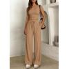 image:imagePRETTYGARDEN Womens 2 Piece Matching Lounge Sets Ribbed Short Sleeve Crop Tops Wide Leg Pants 2026 Summer Airport OutfitsKhaki