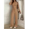 image:imagePRETTYGARDEN Womens 2 Piece Matching Lounge Sets Ribbed Short Sleeve Crop Tops Wide Leg Pants 2026 Summer Airport OutfitsKhaki