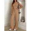 image:imagePRETTYGARDEN Womens 2 Piece Matching Lounge Sets Ribbed Short Sleeve Crop Tops Wide Leg Pants 2026 Summer Airport OutfitsKhaki