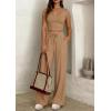 image:imagePRETTYGARDEN Womens 2 Piece Matching Lounge Sets Ribbed Short Sleeve Crop Tops Wide Leg Pants 2026 Summer Airport OutfitsKhaki