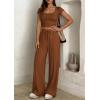 image:imagePRETTYGARDEN Womens 2 Piece Matching Lounge Sets Ribbed Short Sleeve Crop Tops Wide Leg Pants 2026 Summer Airport OutfitsLight Brown