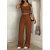 image:imagePRETTYGARDEN Womens 2 Piece Matching Lounge Sets Ribbed Short Sleeve Crop Tops Wide Leg Pants 2026 Summer Airport OutfitsLight Brown