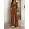 image:imagePRETTYGARDEN Womens 2 Piece Matching Lounge Sets Ribbed Short Sleeve Crop Tops Wide Leg Pants 2026 Summer Airport OutfitsLight Brown