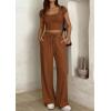 image:imagePRETTYGARDEN Womens 2 Piece Matching Lounge Sets Ribbed Short Sleeve Crop Tops Wide Leg Pants 2026 Summer Airport OutfitsLight Brown