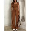 image:imagePRETTYGARDEN Womens 2 Piece Matching Lounge Sets Ribbed Short Sleeve Crop Tops Wide Leg Pants 2026 Summer Airport OutfitsLight Brown
