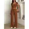 image:imagePRETTYGARDEN Womens 2 Piece Matching Lounge Sets Ribbed Short Sleeve Crop Tops Wide Leg Pants 2026 Summer Airport OutfitsLight Brown